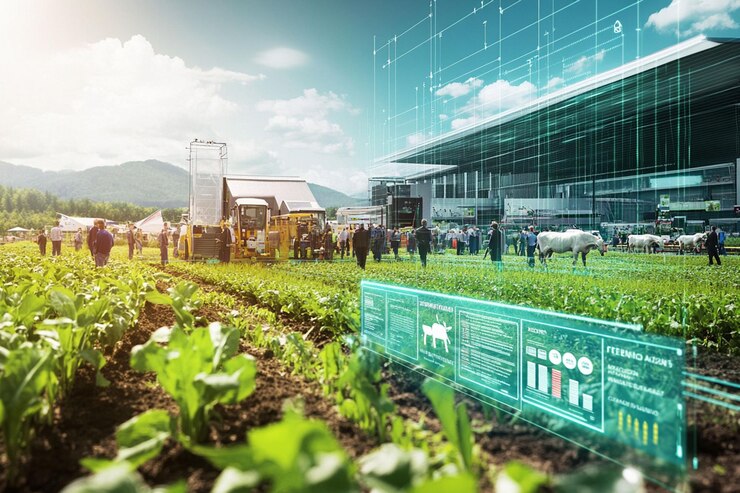 PSD muestra de tecnología agrícola inteligente en una exposición agrícola con ganado y maquinaria de agricultores