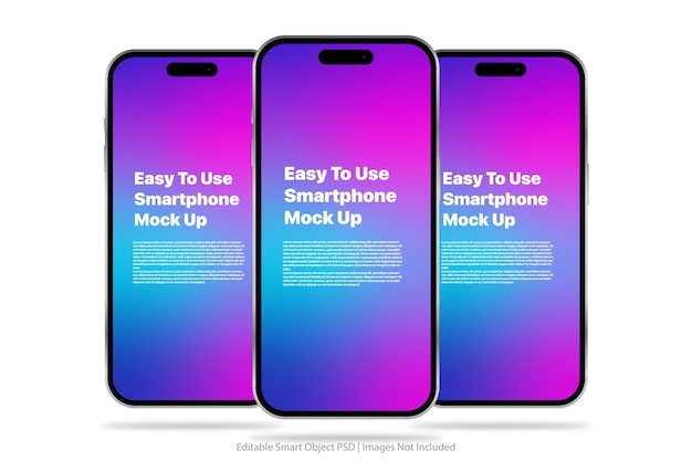 Se muestran tres teléfonos inteligentes con el texto maqueta de teléfono inteligente fácil de usar.