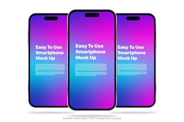 PSD se muestran tres teléfonos inteligentes con el texto maqueta de teléfono inteligente fácil de usar.