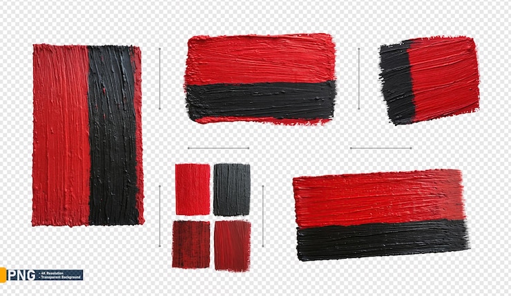 PSD muestras de pintura roja y negra, pinceladas y paleta de colores