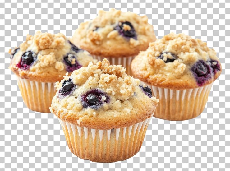 PSD muffins de arándanos con migajas aisladas sobre un fondo transparente