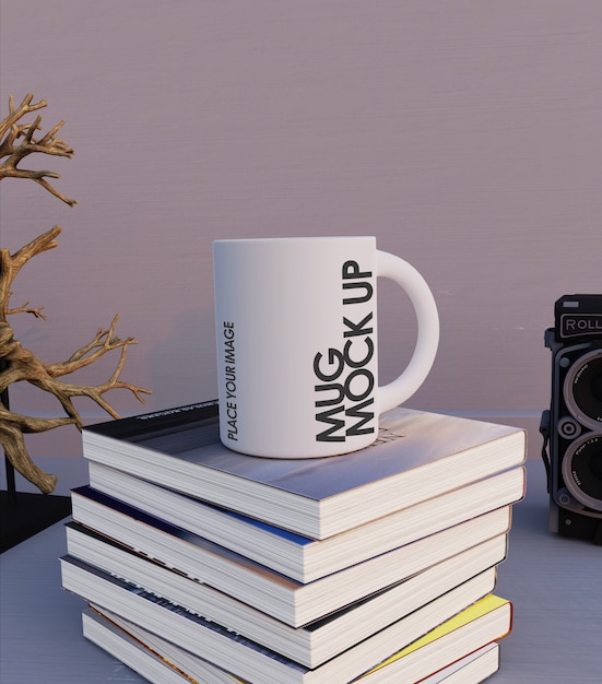 Mug Maquette Sur Le Dessus De Livres Logo étiquette Ou Autocollant Autocollant