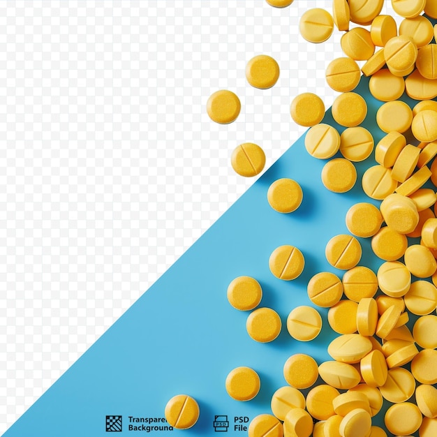 Muitas pílulas amarelas em um fundo azul isolado