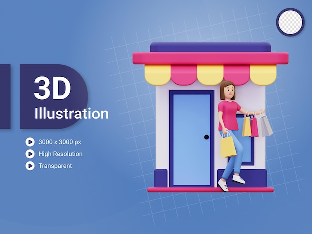 PSD mujer 3d, compras, en, tienda, ilustración