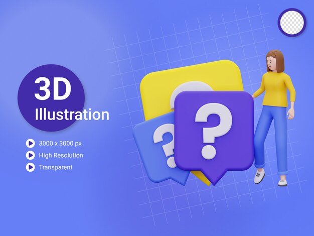 PSD mujer 3d con una ilustración de signo de interrogación