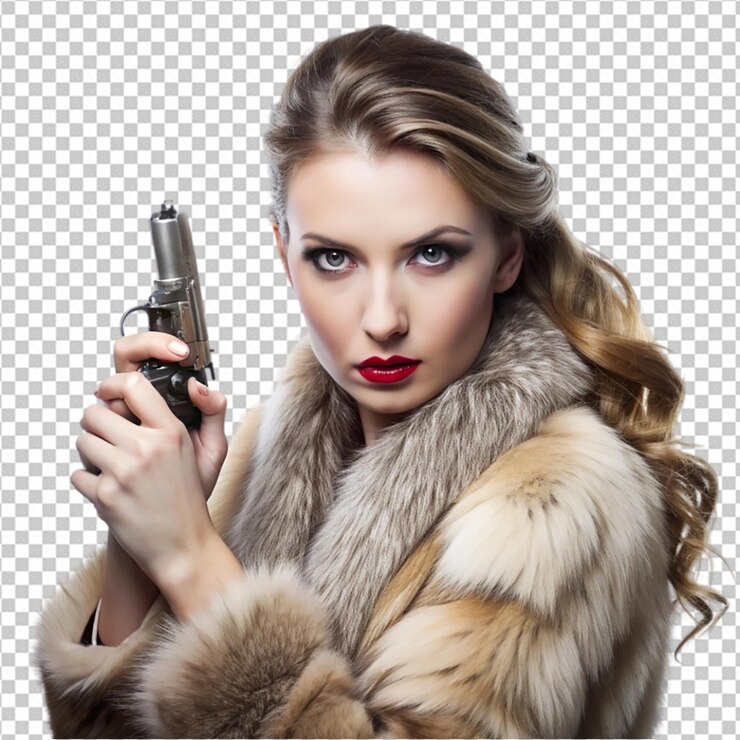 PSD una mujer con un abrigo de piel con un arma en la mano png