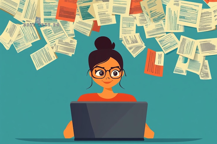 PSD mujer abrumada trabajando en una computadora portátil con muchos documentos cayendo