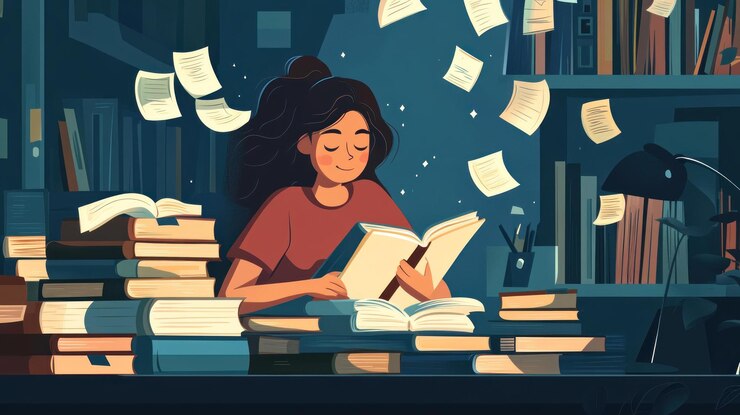 PSD mujer absorta en la lectura rodeada de libros en un acogedor entorno de biblioteca por la noche papeles mágicos flotando