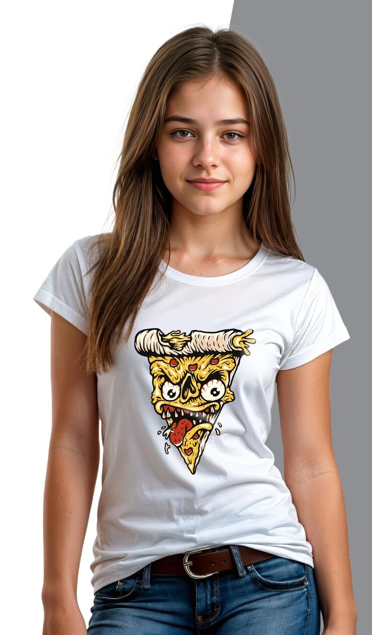 Mujer adolescente con cuello redondo camiseta blanca modelo png psd