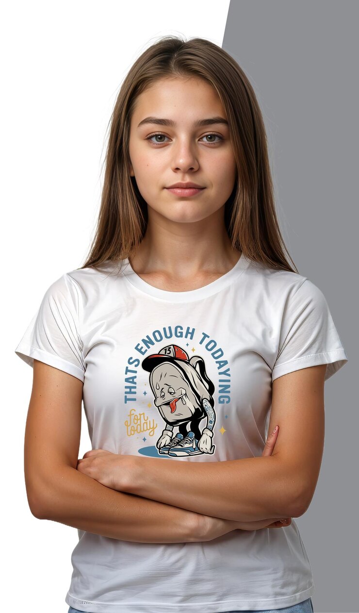 Mujer adolescente con cuello redondo camiseta blanca modelo png psd