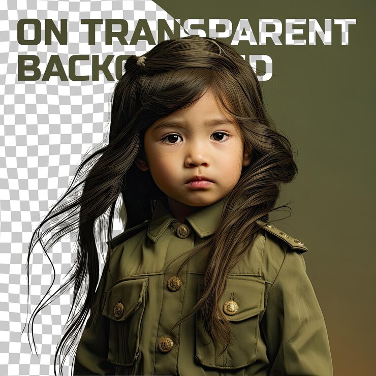 PSD mujer adolescente del sudeste asiático oficial militar en pose de cepillado de cabello verde pastel