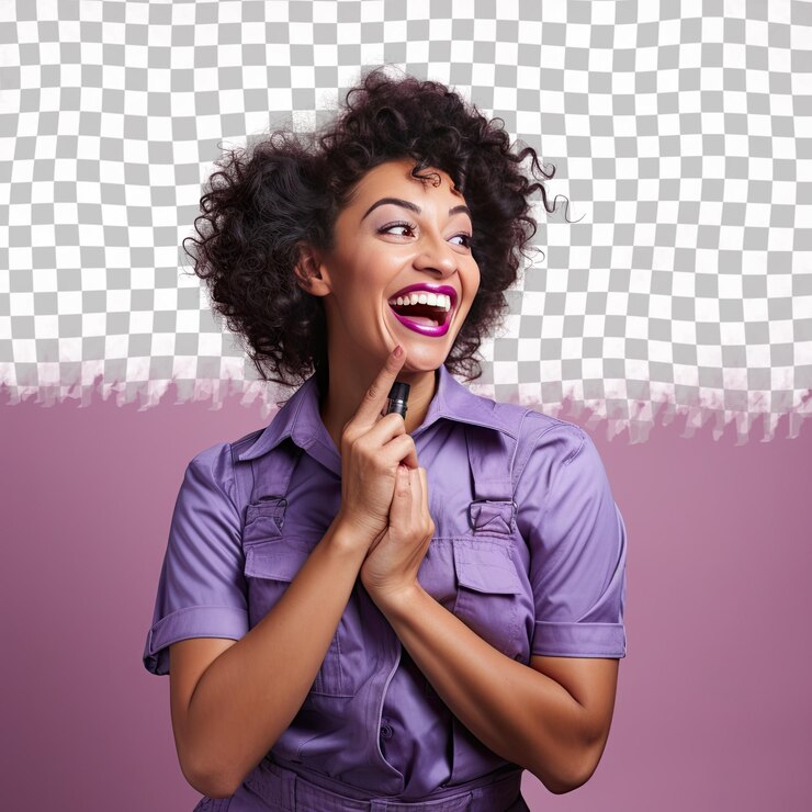 PSD una mujer adulta admiradora con cabello retorcido de la etnia aborigen australiana vestida con ropa de fontanero posa en un estilo de risa con la mano cubriendo la boca contra un fondo pastel mauve