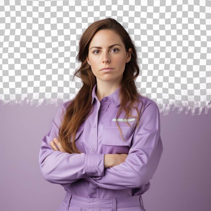 PSD una mujer adulta astuta con cabello largo de la etnia nórdica vestida con atuendo de fontanero posa en una postura seria con los brazos cruzados contra un fondo pastel lila