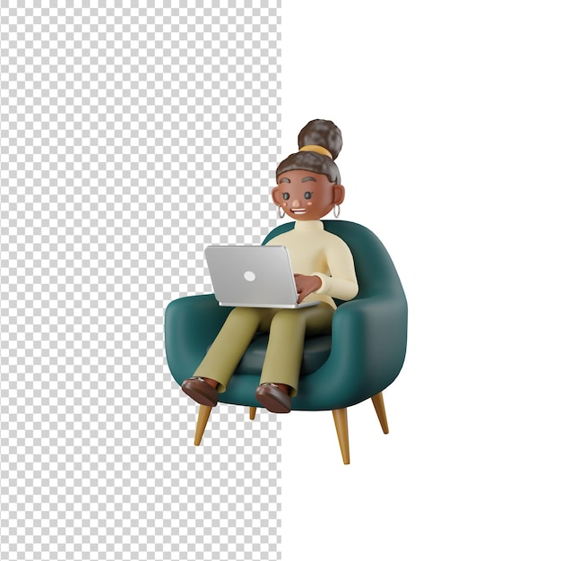 PSD mujer afroamericana sentada en un sillón y trabajando en un portátil 3d render modelo aislado blanco bac