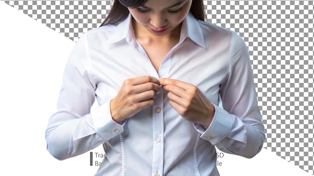 Mujer ajustando el cuello de su camisa preparándose para un entorno profesional