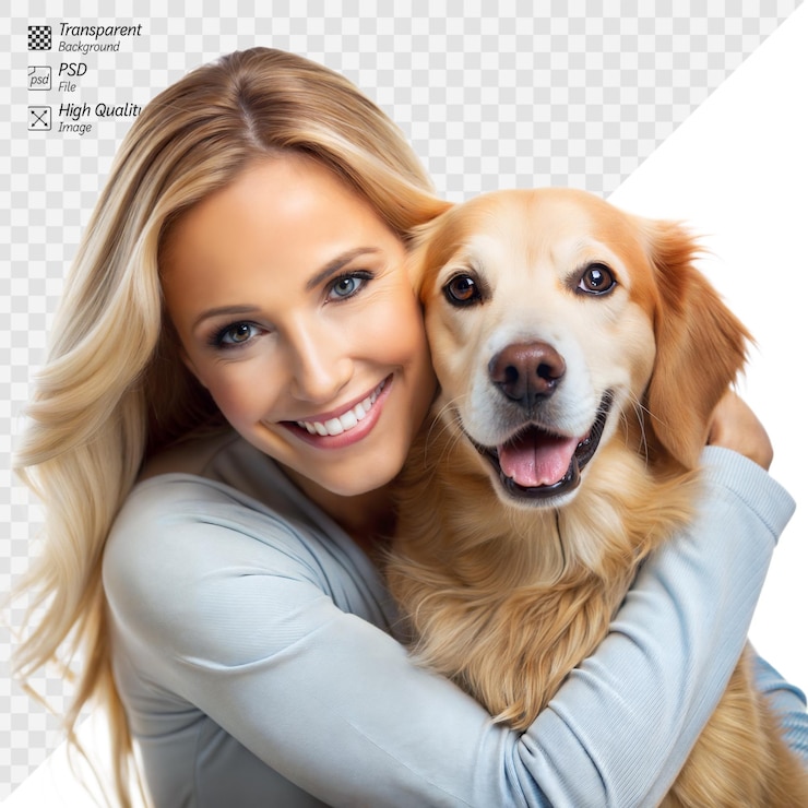 PSD una mujer alegre abraza a su perro feliz contra un fondo transparente