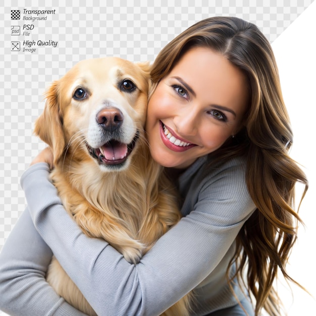 PSD una mujer alegre abraza a su perro feliz con una sonrisa brillante