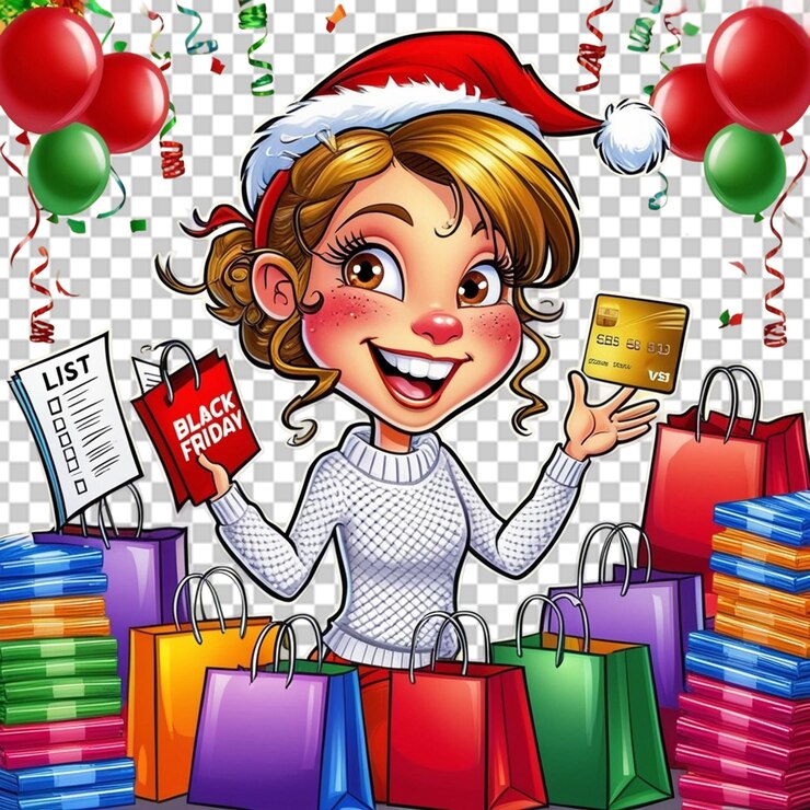 PSD mujer alegre con caja de regalos y bolsas de compras