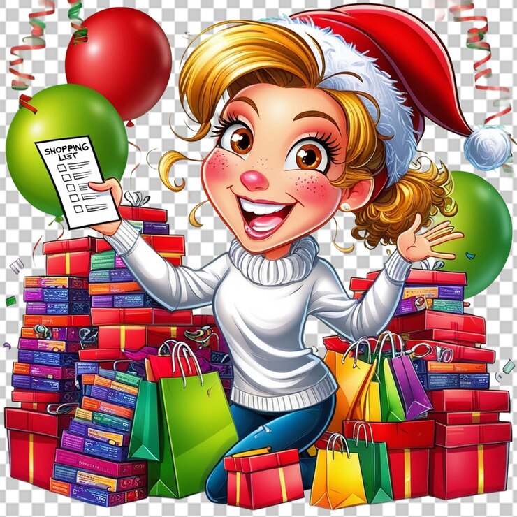 PSD mujer alegre con caja de regalos y bolsas de compras