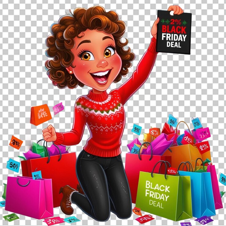 PSD mujer alegre con caja de regalos y bolsas de compras