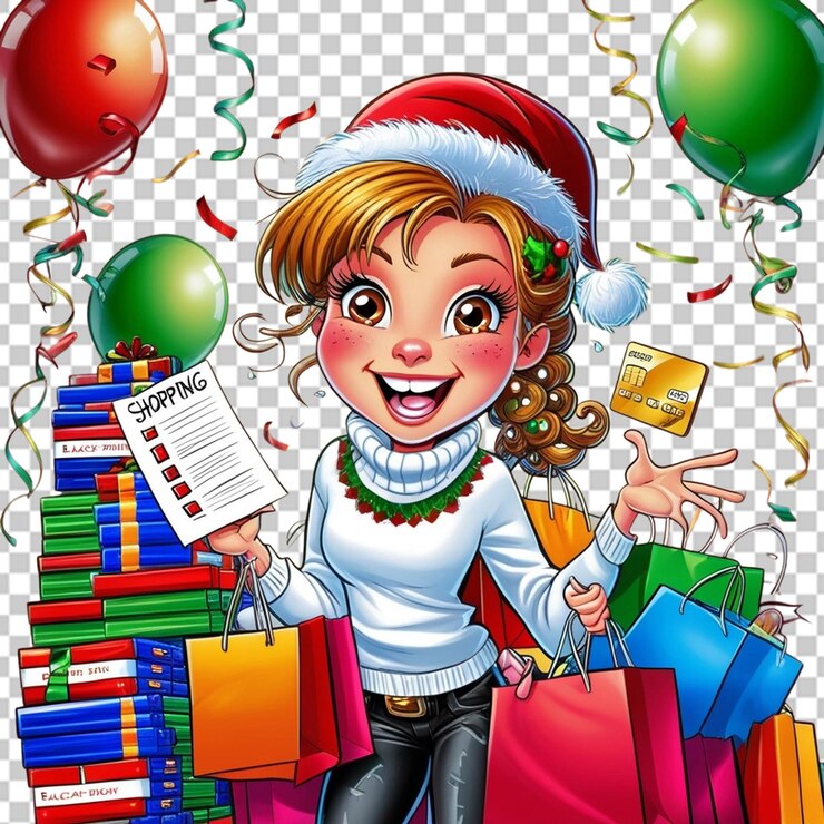 PSD mujer alegre con caja de regalos y bolsas de compras