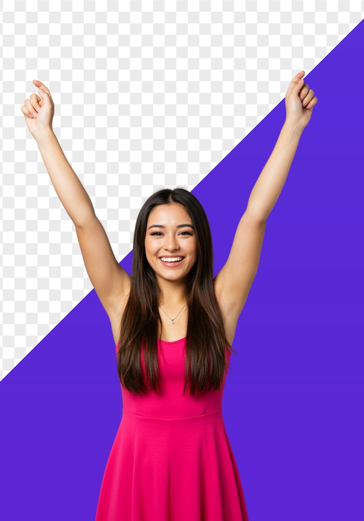 PSD una mujer alegre celebra con los brazos levantados