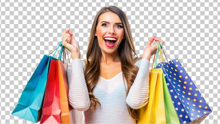 PSD mujer alegre y feliz disfrutando de las compras en un fondo transparente