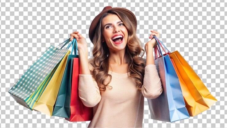 PSD mujer alegre y feliz disfrutando de las compras en un fondo transparente