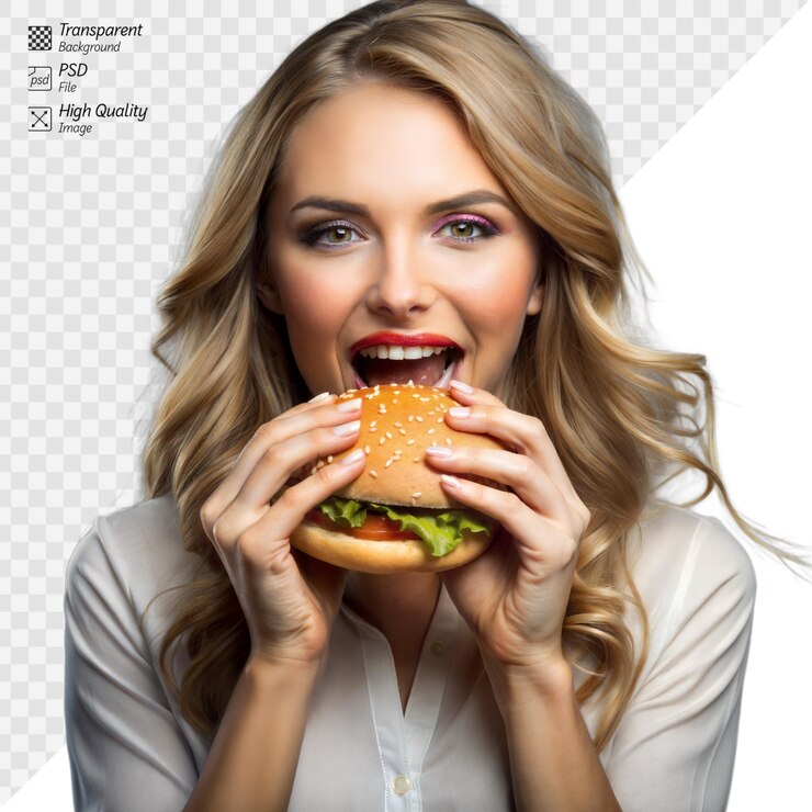 PSD mujer alegre mordiendo una hamburguesa jugosa