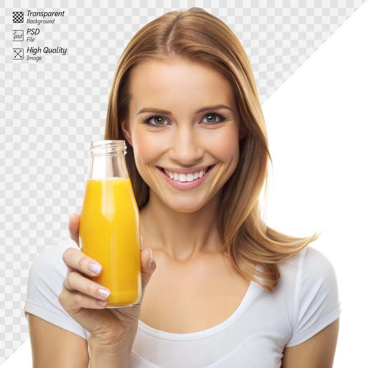 PSD una mujer alegre sostiene una botella de jugo de naranja fresco