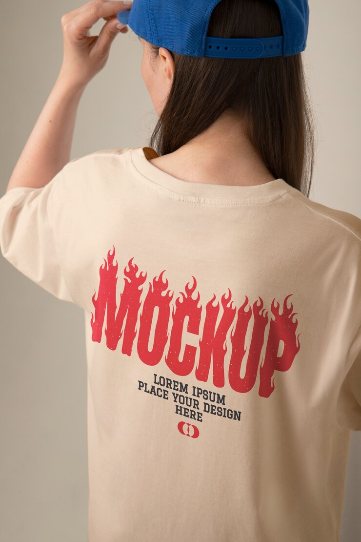 PSD mujer de alto ángulo con maqueta de camiseta genial