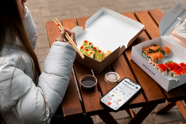 Mujer de alto ángulo con teléfono inteligente y sushi