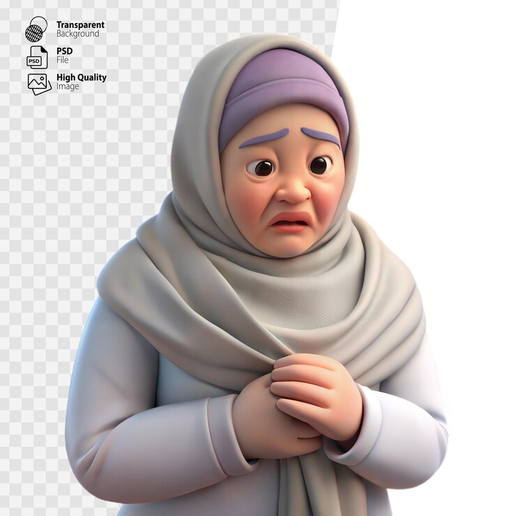 PSD mujer anciana animada en 3d con hijab que parece preocupada con las manos juntas sobre un fondo transparente