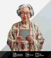 PSD mujer anciana de pie mostrando la tableta en la cámara contra la pared blanca con gafas marrones y cabello gris con una mano visible en primer plano png psd