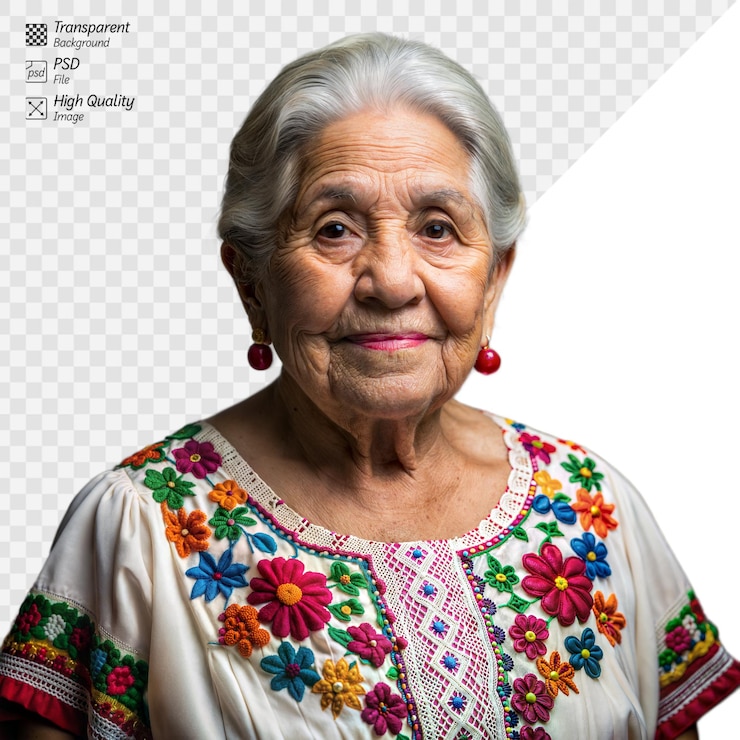 PSD mujer anciana sonriendo en blusa bordada con fondo transparente