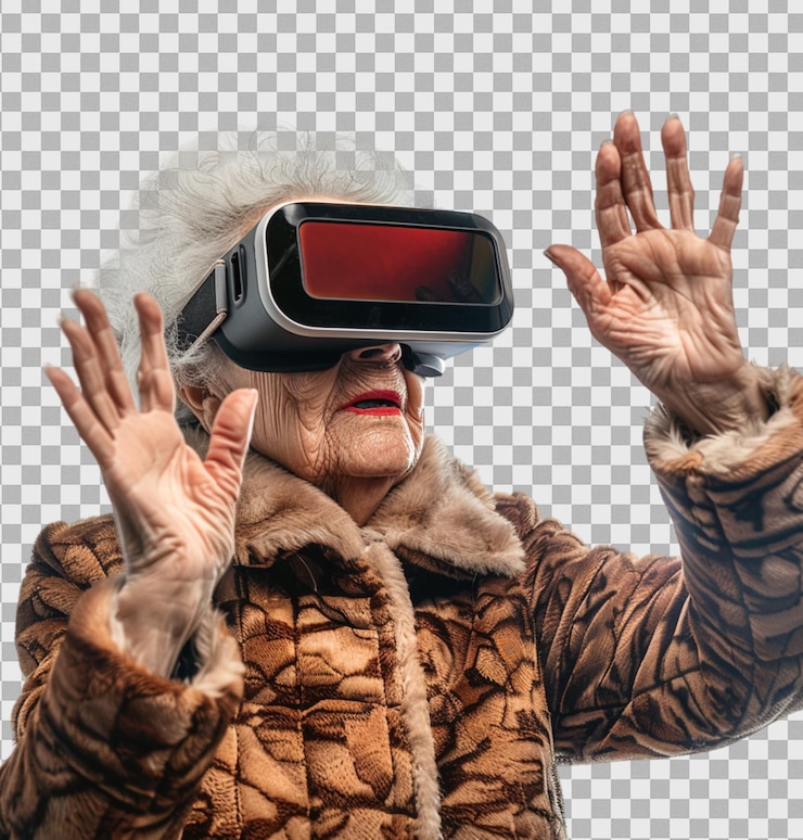 PSD mujer anciana usando auriculares de realidad virtual en un fondo transparente aislado