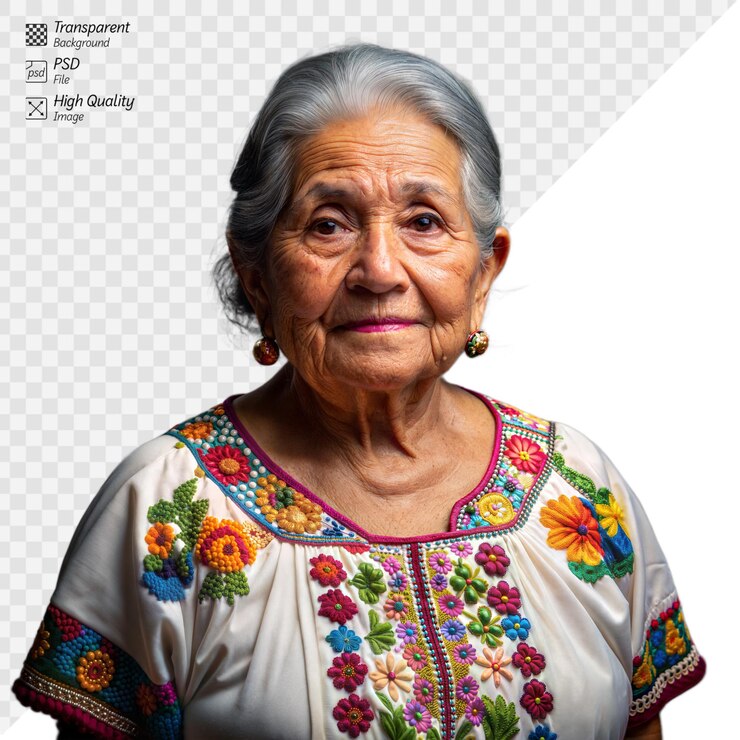 PSD mujer anciana con un vestido tradicional vibrante y bordado