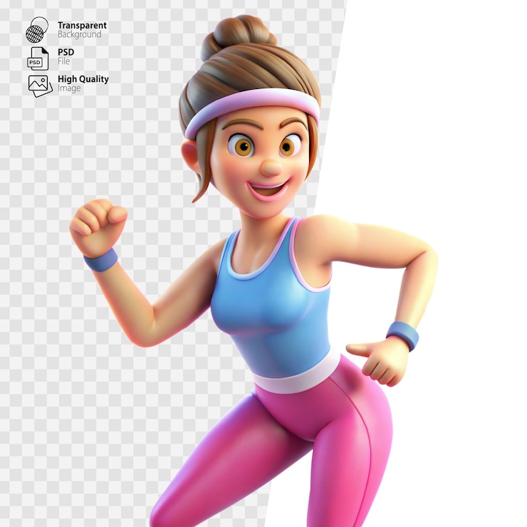 PSD mujer animada en 3d con ropa de ejercicio sonriendo con confianza mientras posa sobre un fondo transparente