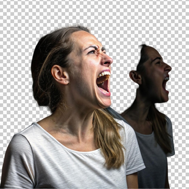 PSD una mujer ansiosa o asustadiza cara cara y boca abierta gritando