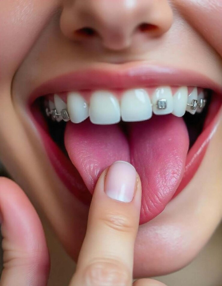 PSD mujer con aparatos ortopédicos de cerca sonrisa feliz