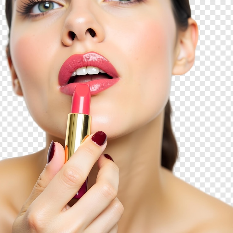 PSD mujer aplicando lápiz labial rosa