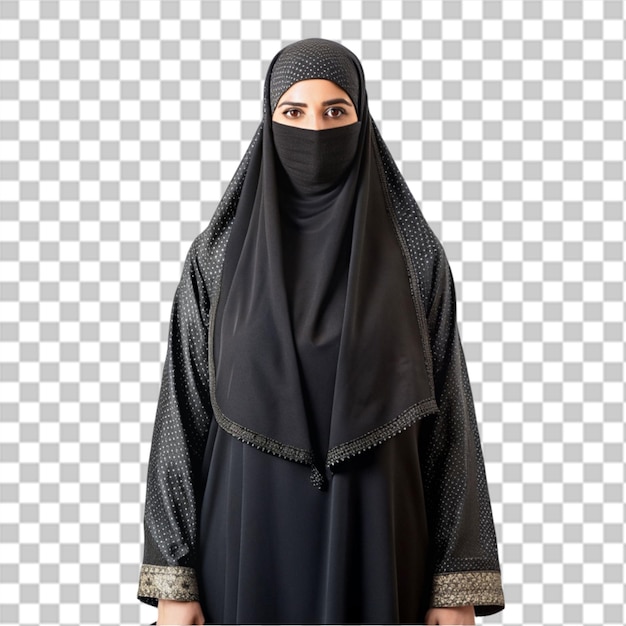 PSD una mujer árabe saudí en abaya con una máscara de cara de pie frente a frente