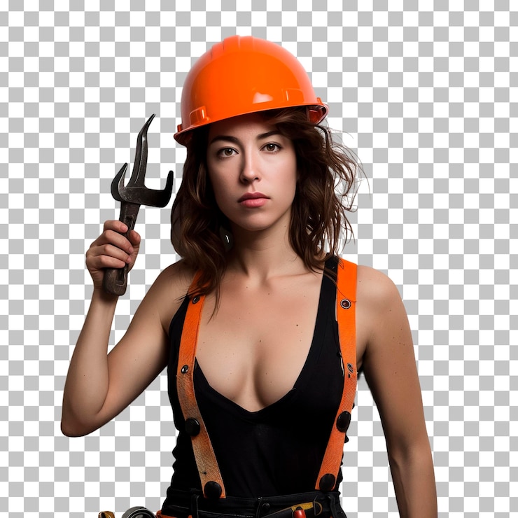 PSD mujer con arnés naranja con llave inglesa mirada confiada fondo transparente