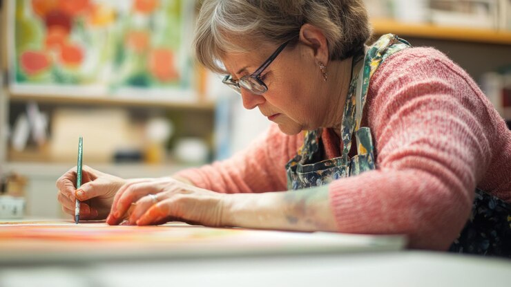 PSD mujer artista madura enfocada pintando en su estudio