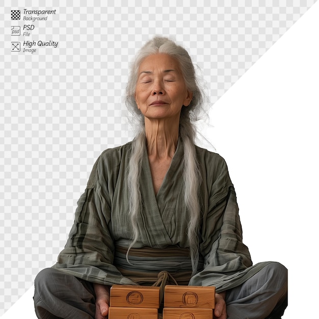 PSD mujer asiática anciana meditando con ropa tradicional