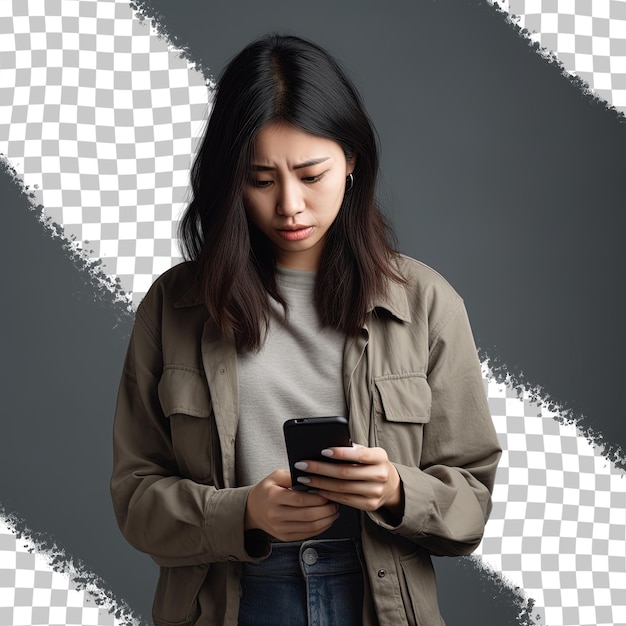 Mujer asiática molesta sintiéndose emocional de pie sobre fondo transparente sosteniendo el teléfono estresado