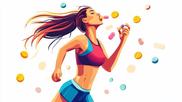Mujer atleta que corre tomando suplementos
