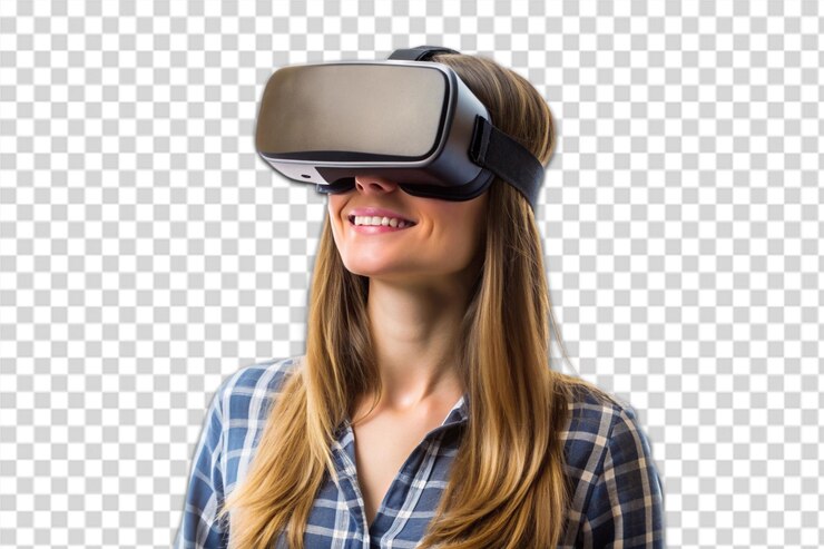 PSD una mujer con un auricular de realidad virtual