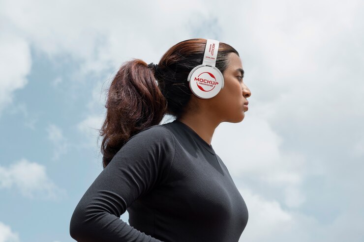 PSD mujer con auriculares al aire libre plano medio