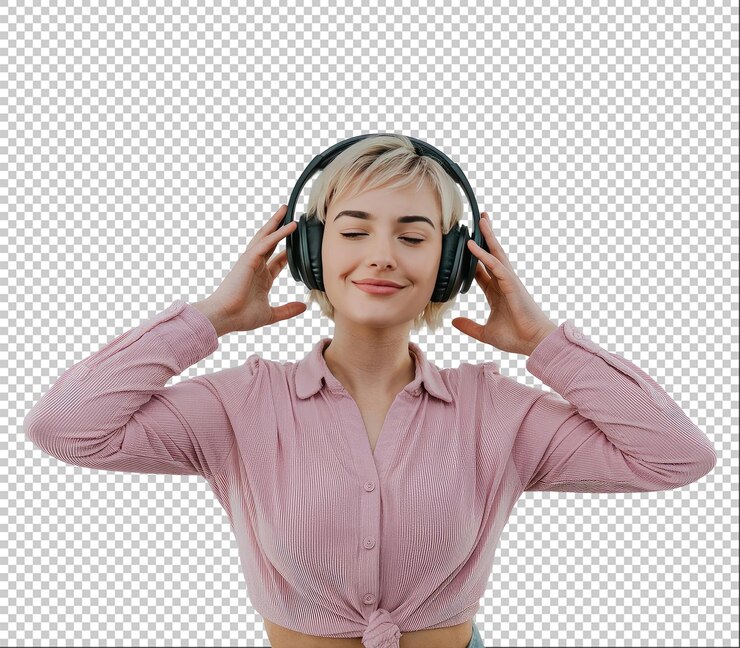 una mujer con auriculares en la cabeza y los ojos cerrados